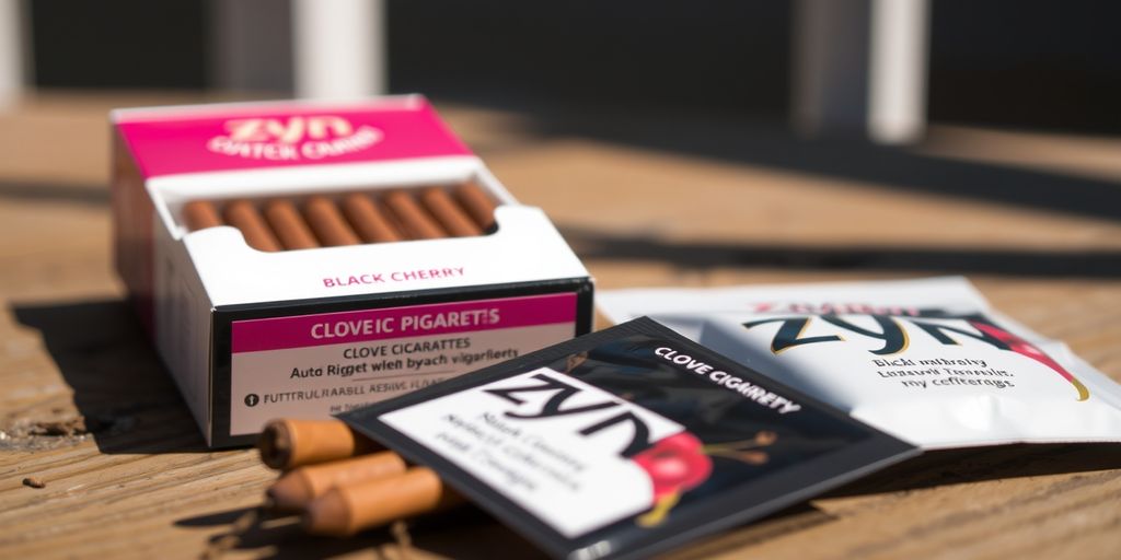 Clove cigarettes and Zyn Black Cherry pouches on wood.